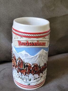 Vintage 1985 Limited Edition Budweiser Red, Blue, White Clydesdale Ceramic Stein